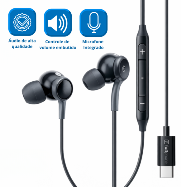Fone Intra-auricular com fio FF-110 / HS-110 com Microfone e Controle de Volume - Usb C - Fullphone